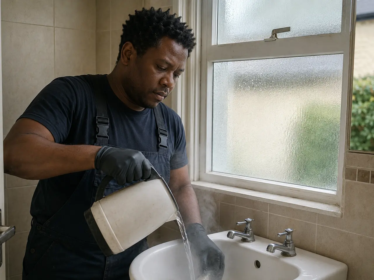 Plumber clearing a blocked kitchen drain