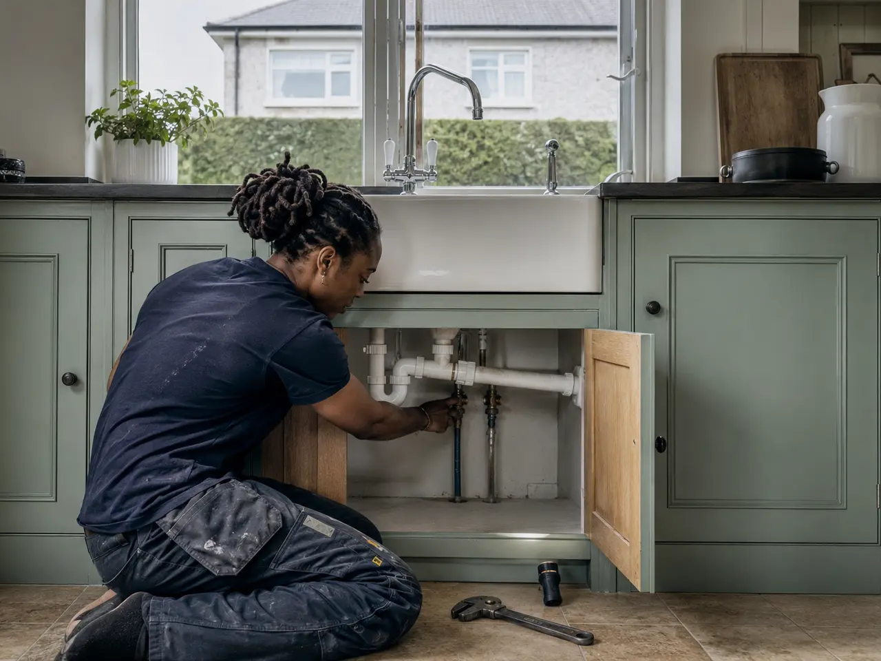 Plumber repairing a burst copper pipe under a sink