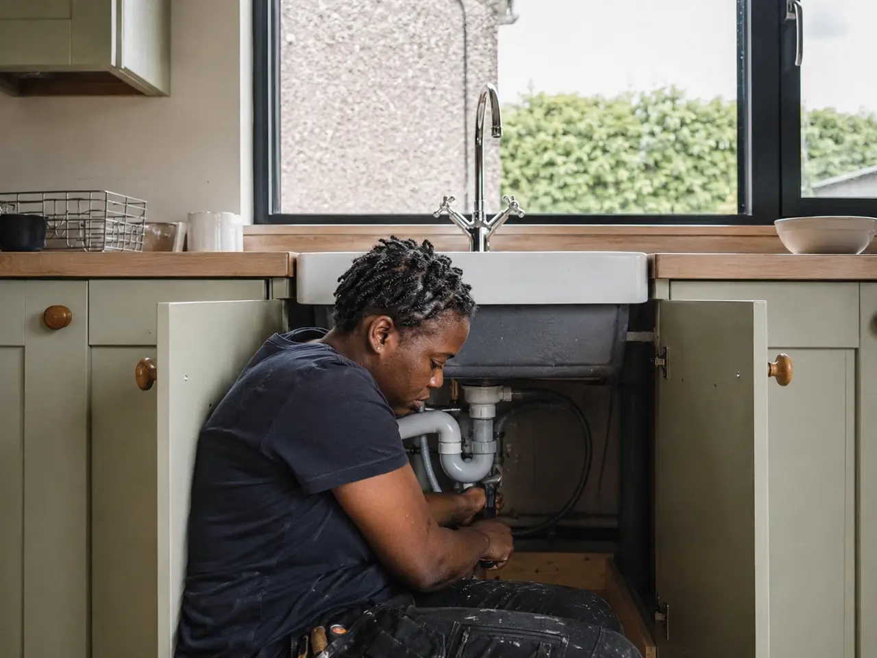 Plumber connecting kitchen sink waste pipe