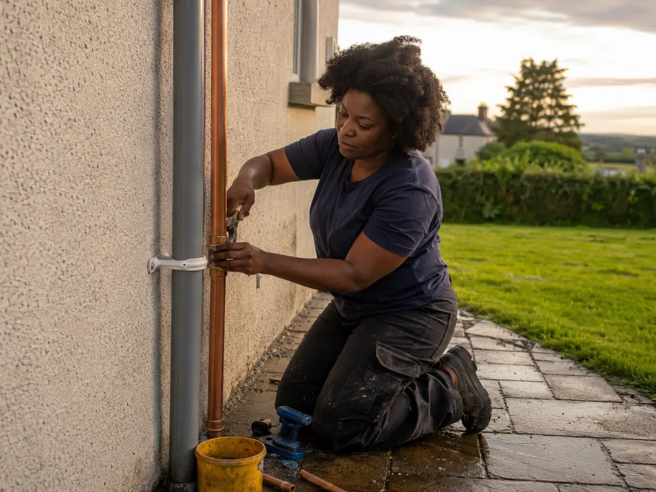 Plumber fitting outdoor garden tap to external wall