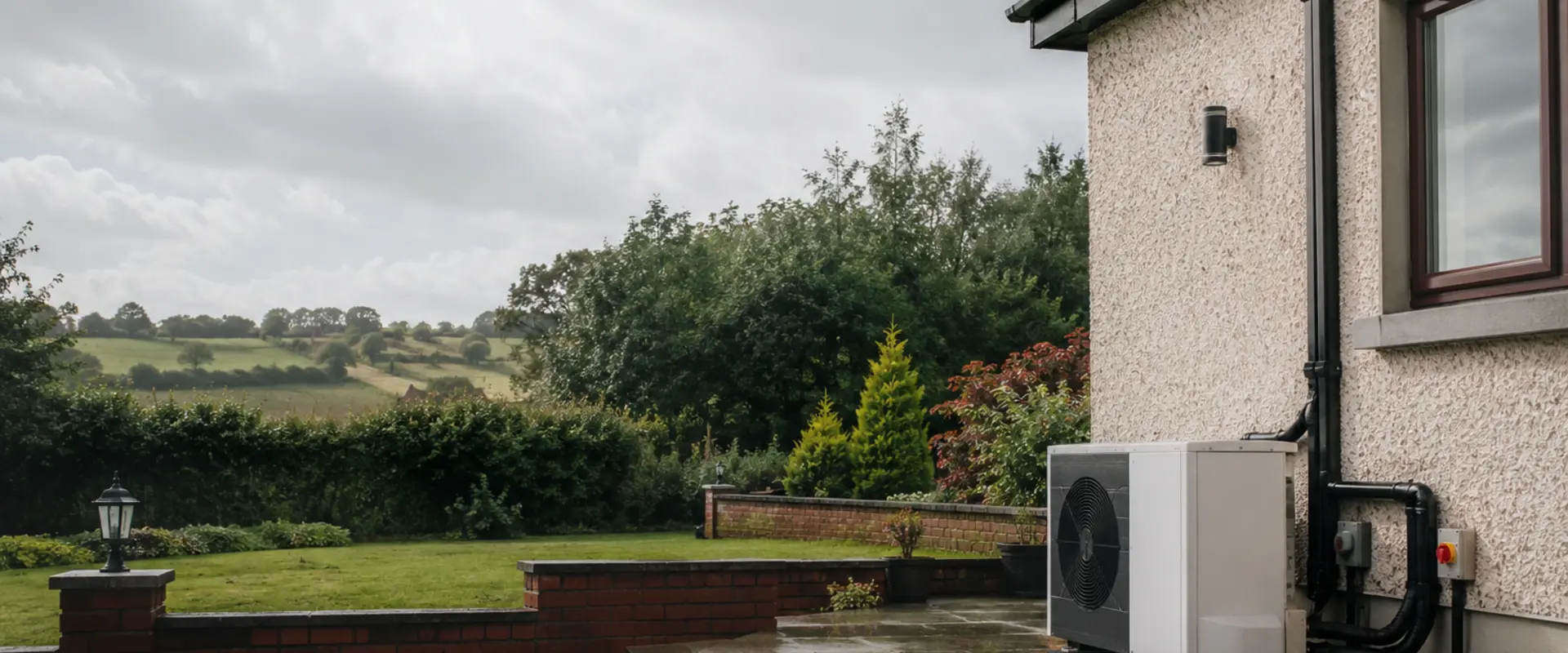 Heat pump unit on exterior wall of Irish home