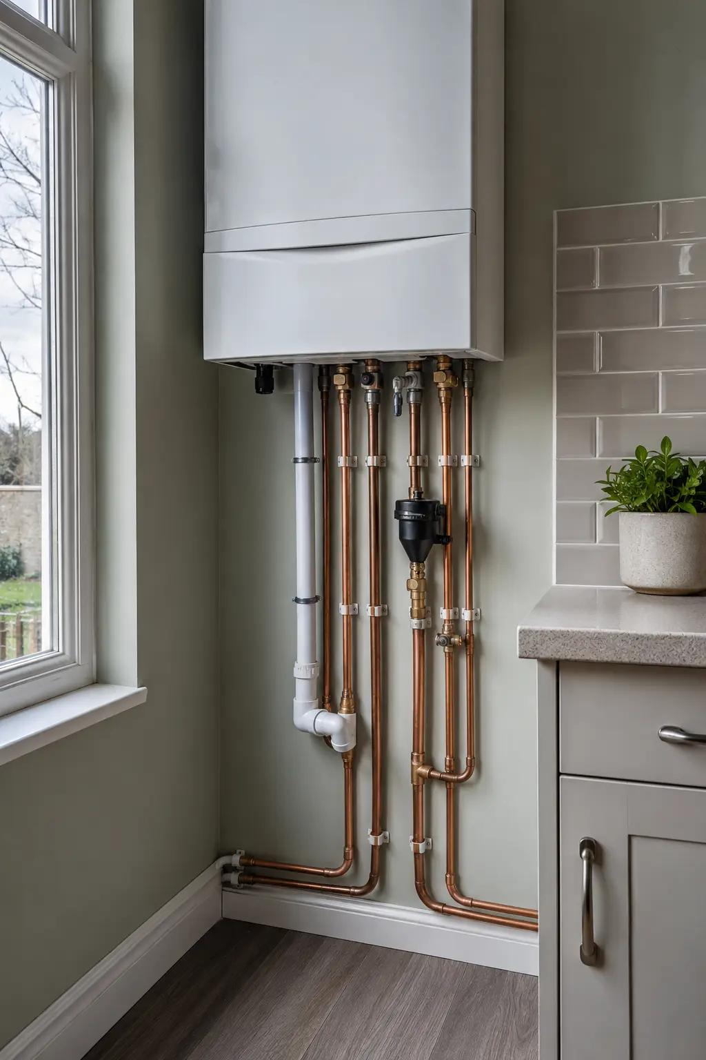 RGII engineer checking heat pump pipework after installation